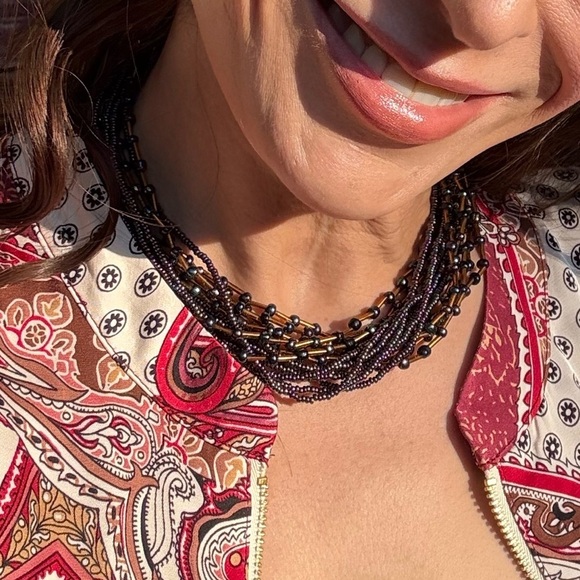 Unknown Jewelry - Handmade by Artist- Beaded Multi-Strand Necklace- Iridescent Purple and Bronze